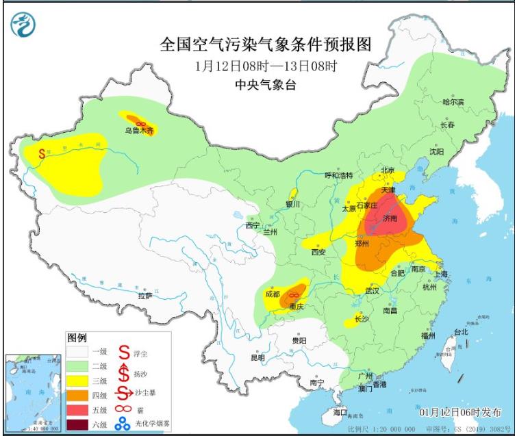 2024年1月12日环境气象预报:华北部分地区有重度霾