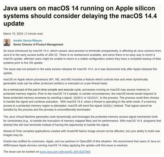 macOS Sonoma 14.4 更新引发 Java 程序崩溃:甲骨文建议用户推迟更新