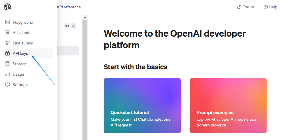 OpenAI API keys 菜单