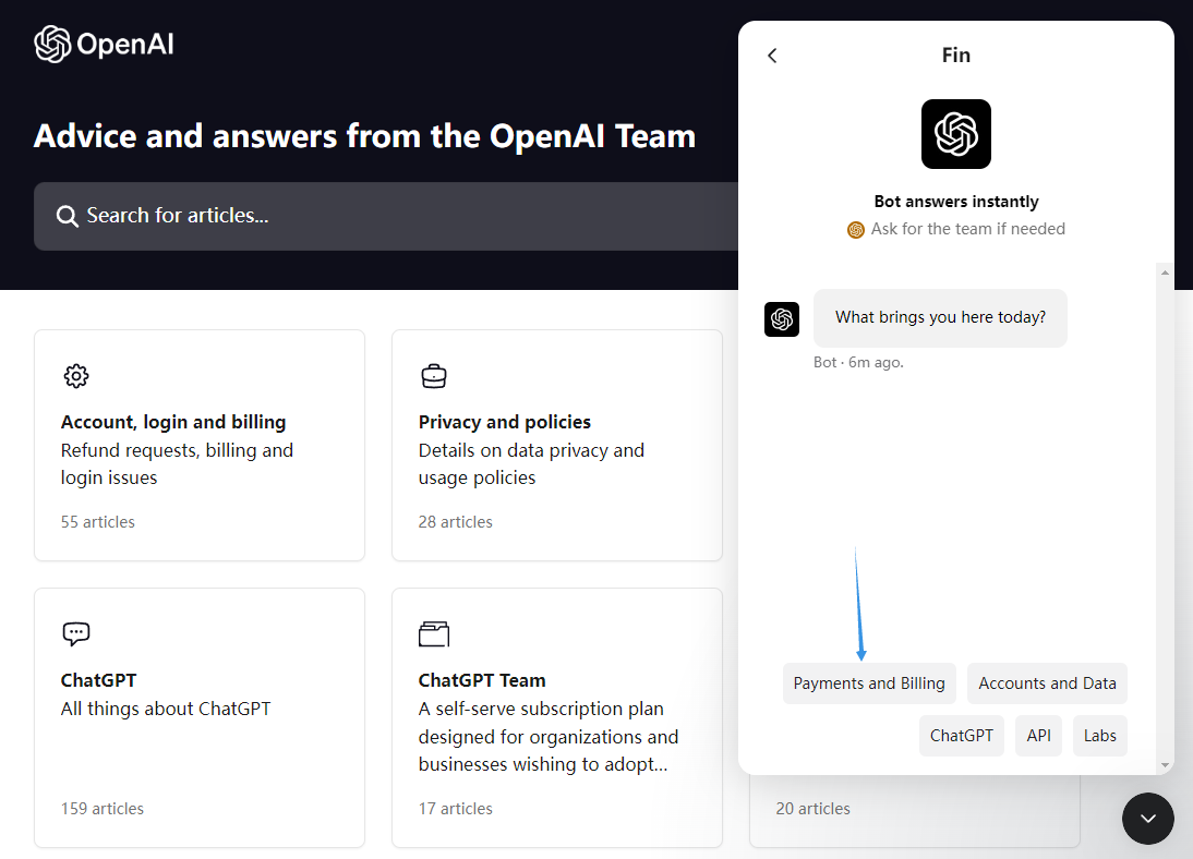 OpenAI Service Payments and Billing 在线客服咨询“付款和账单”问题