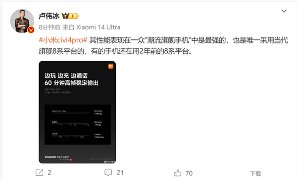 卢伟冰评价小米Civi 4 Pro：最强潮流旗舰 友商还在用2年前的8系