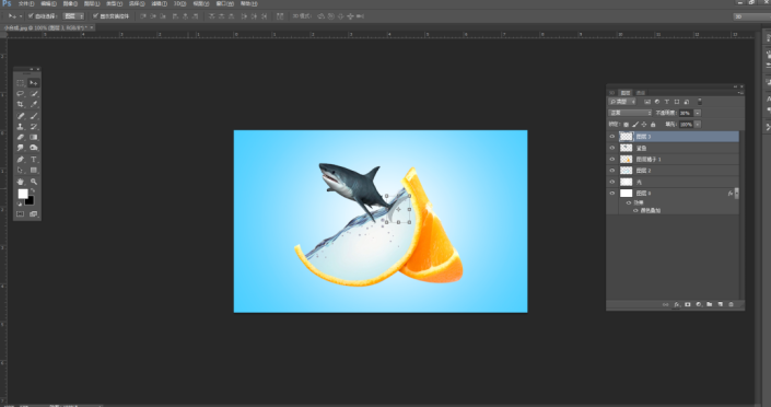 创意合成，通过PS制作鲨鱼在橙子里游泳的创意画面