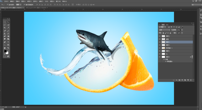 创意合成，通过PS制作鲨鱼在橙子里游泳的创意画面