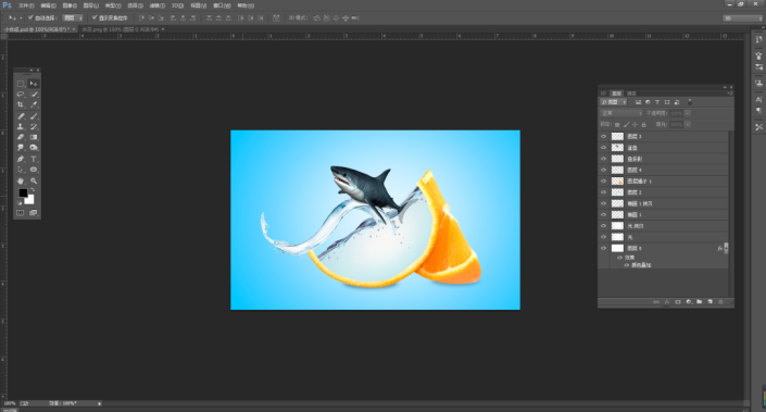 创意合成，通过PS制作鲨鱼在橙子里游泳的创意画面