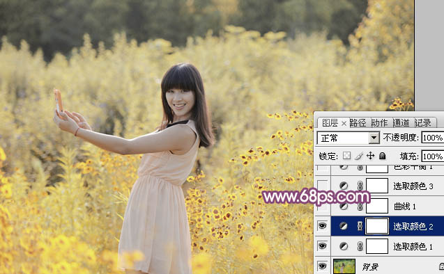 Photoshop将偏暗野花中的美女图片调制出纯美的淡黄色