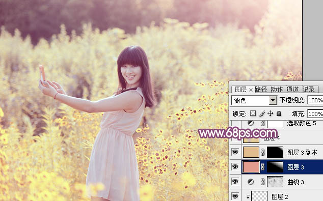 Photoshop将偏暗野花中的美女图片调制出纯美的淡黄色
