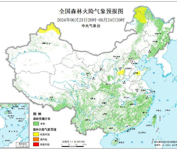 2024年6月24日森林火险气象预报：山东新疆的部分地区森林火险气象等级较高