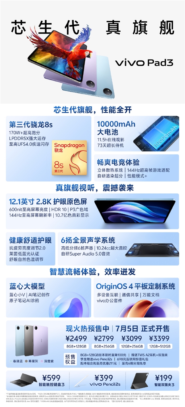 2499元起！vivo Pad3正式发布：骁龙8s Gen3配10000mAh超大电池