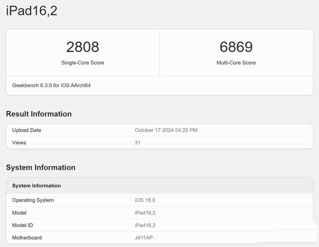 苹果 iPad mini 7 平板 Geekbench 6 跑分曝光: 单核 2808 多核 6869