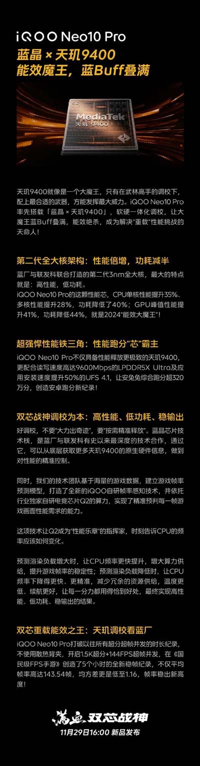 跑分超320万 创造安卓新纪录! iQOO Neo10 Pro榨干天玑9400