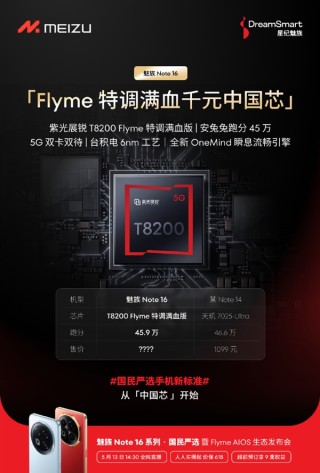 魅族Note 16系列搭载紫光展锐T8200芯片，实现五年流畅运行性能飞跃
